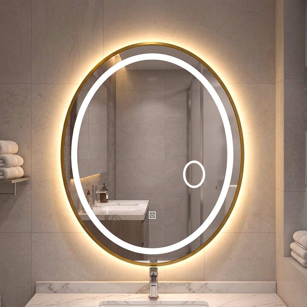 Oval badespeil med LED-belysning, 60 x 50 cm, dimbar – Gull / Veggspeil med lys / Sminkespeil