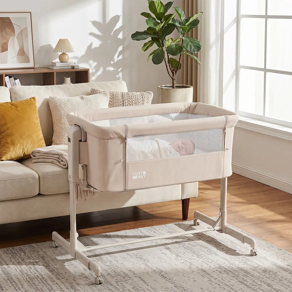 3-i-1-babyseng til sengekanten, kan heves og senkes, med hjul – Beige / Spedbarnsseng / Babyvugge