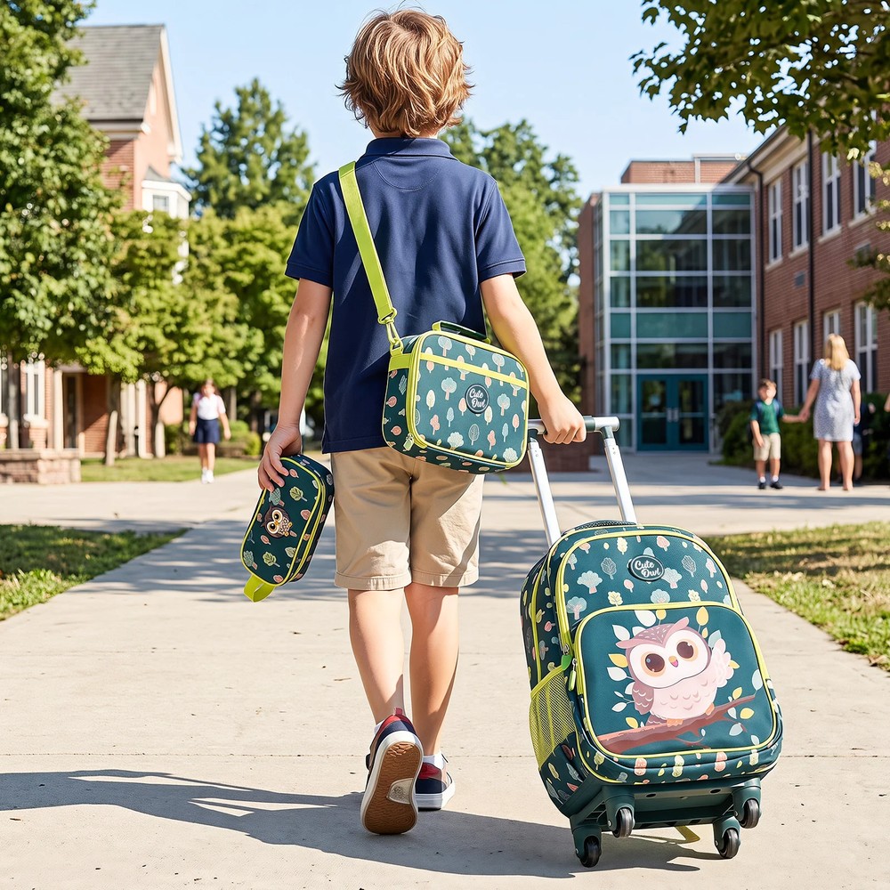 Skoleveske på hjul med uglemotiv, 3 deler – Grønn / Skoletrolley / Ryggsekk-trolley