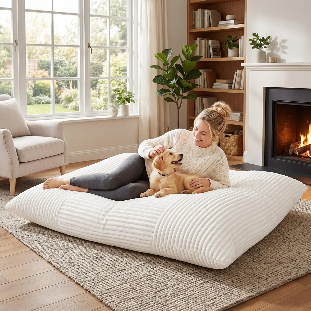 Sovesofa/sittepute som kan brukes som seng, med vaskbart manchester-trekk – Beige / Gulvpute / Liggepute