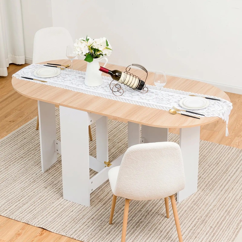 Sammenleggbart ovalt bord for 4–7 personer, 163 x 80 cm – Natur/Hvit / Klappbord / Bord med uttrekkbar fløy