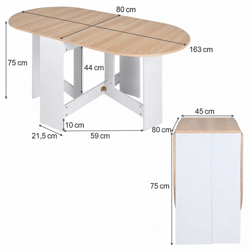 Sammenleggbart ovalt bord for 4–7 personer, 163 x 80 cm – Natur/Hvit / Klappbord / Bord med uttrekkbar fløy