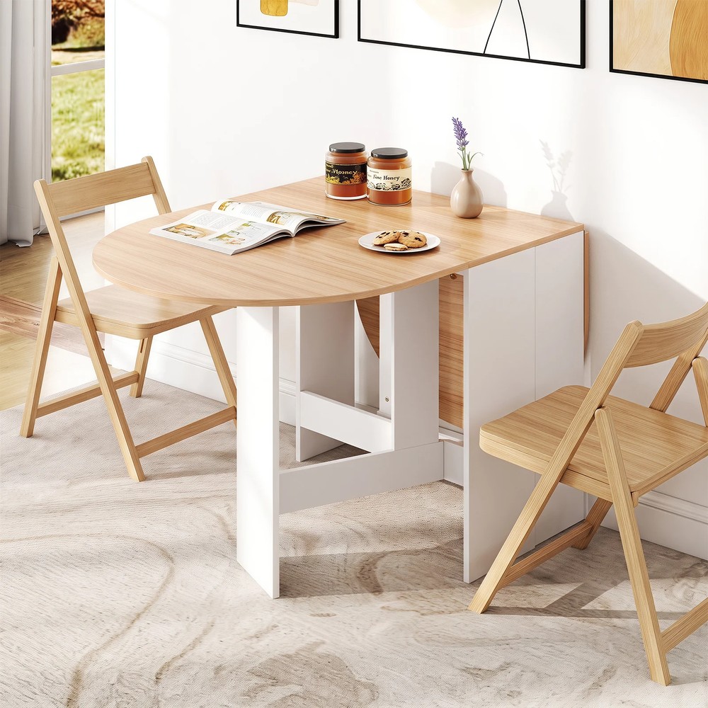 Sammenleggbart ovalt bord for 4–7 personer, 163 x 80 cm – Natur/Hvit / Klappbord / Bord med uttrekkbar fløy