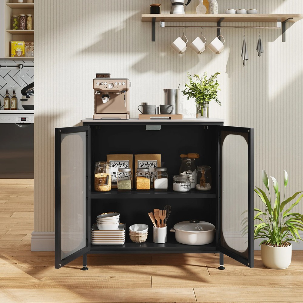Sidebord med justerbar hylle og halvgjennomsiktige dører – Svart / Sidebord / Oppbevaringsskap