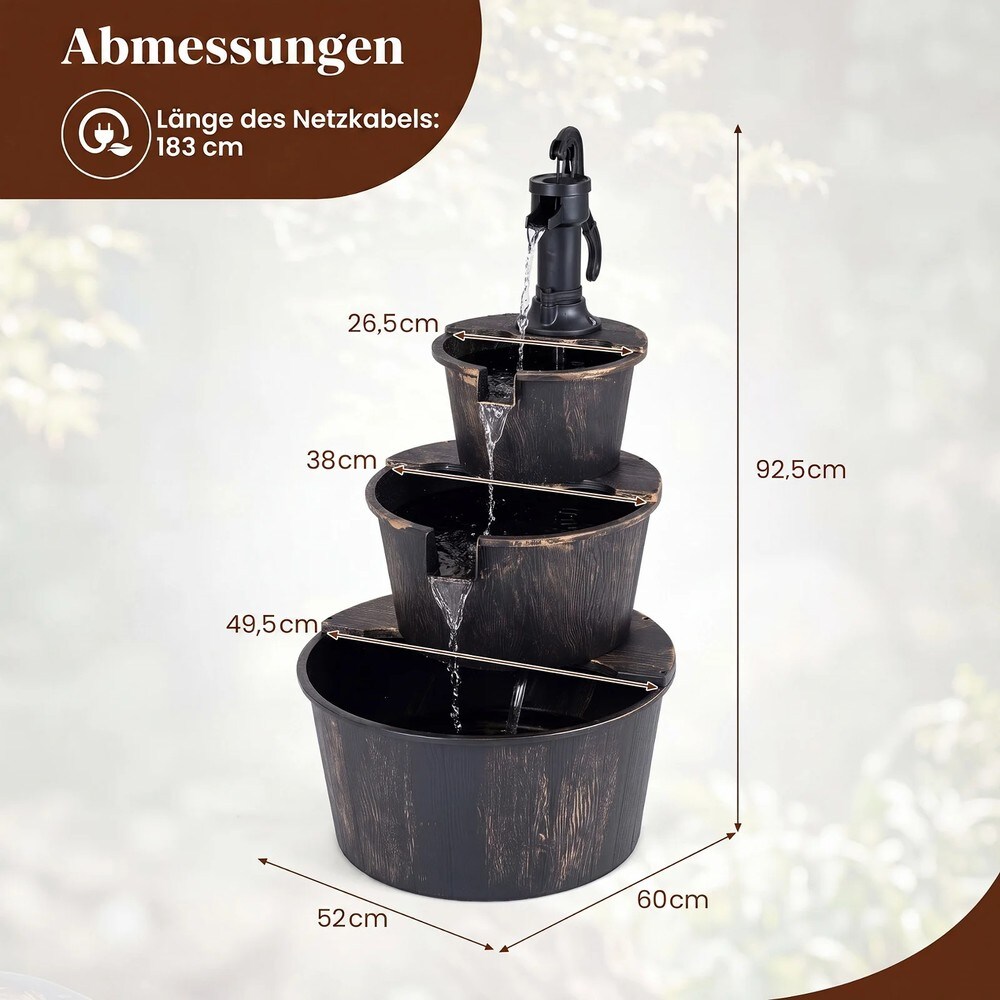 Hagefontene i 3 nivåer med pumpe, utformet som et trefat / Fossefontene / Dekorativ fontene