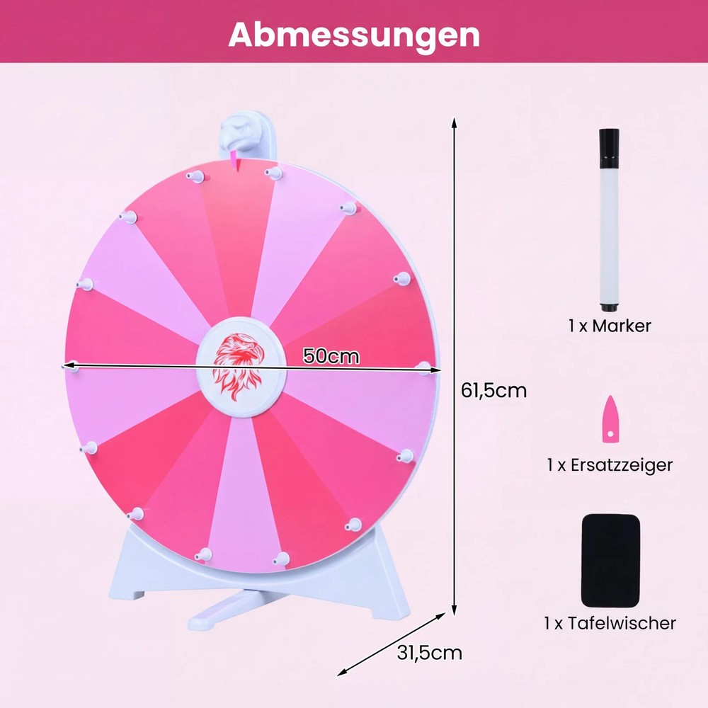 Lykkehjul 50 cm med 14 felt som kan skrives på – Rosa / Prishjul til fest / Spinnhjul som kan skrives på