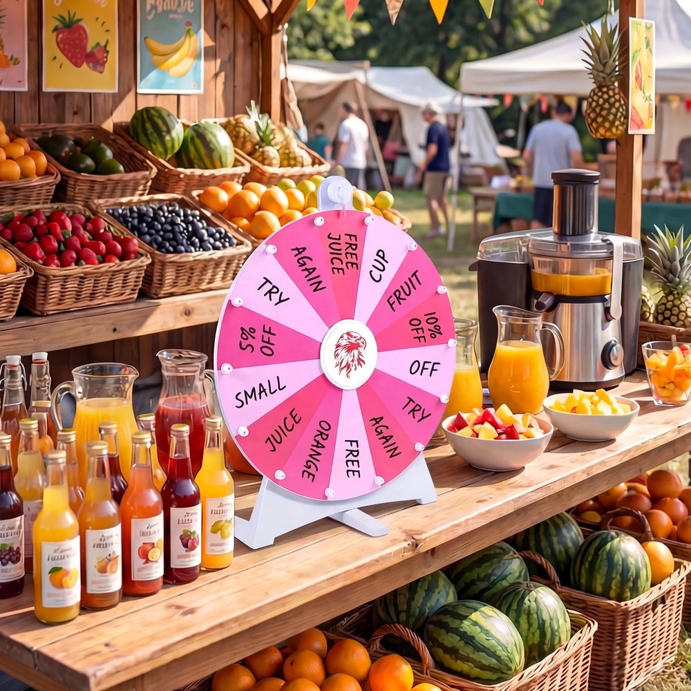 Lykkehjul 50 cm med 14 felt som kan skrives på – Rosa / Prishjul til fest / Spinnhjul som kan skrives på