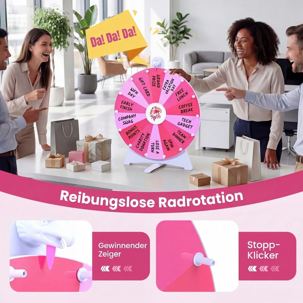Lykkehjul 50 cm med 14 felt som kan skrives på – Rosa / Prishjul til fest / Spinnhjul som kan skrives på