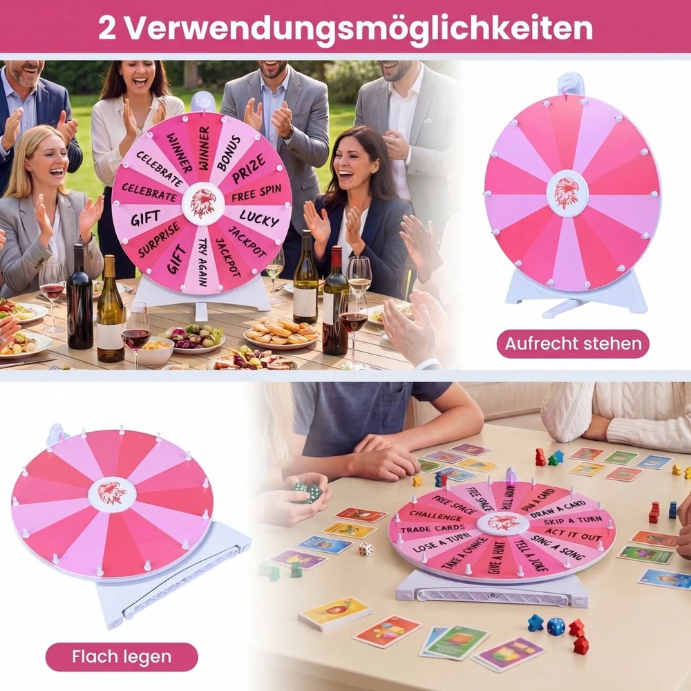 Lykkehjul 50 cm med 14 felt som kan skrives på – Rosa / Prishjul til fest / Spinnhjul som kan skrives på