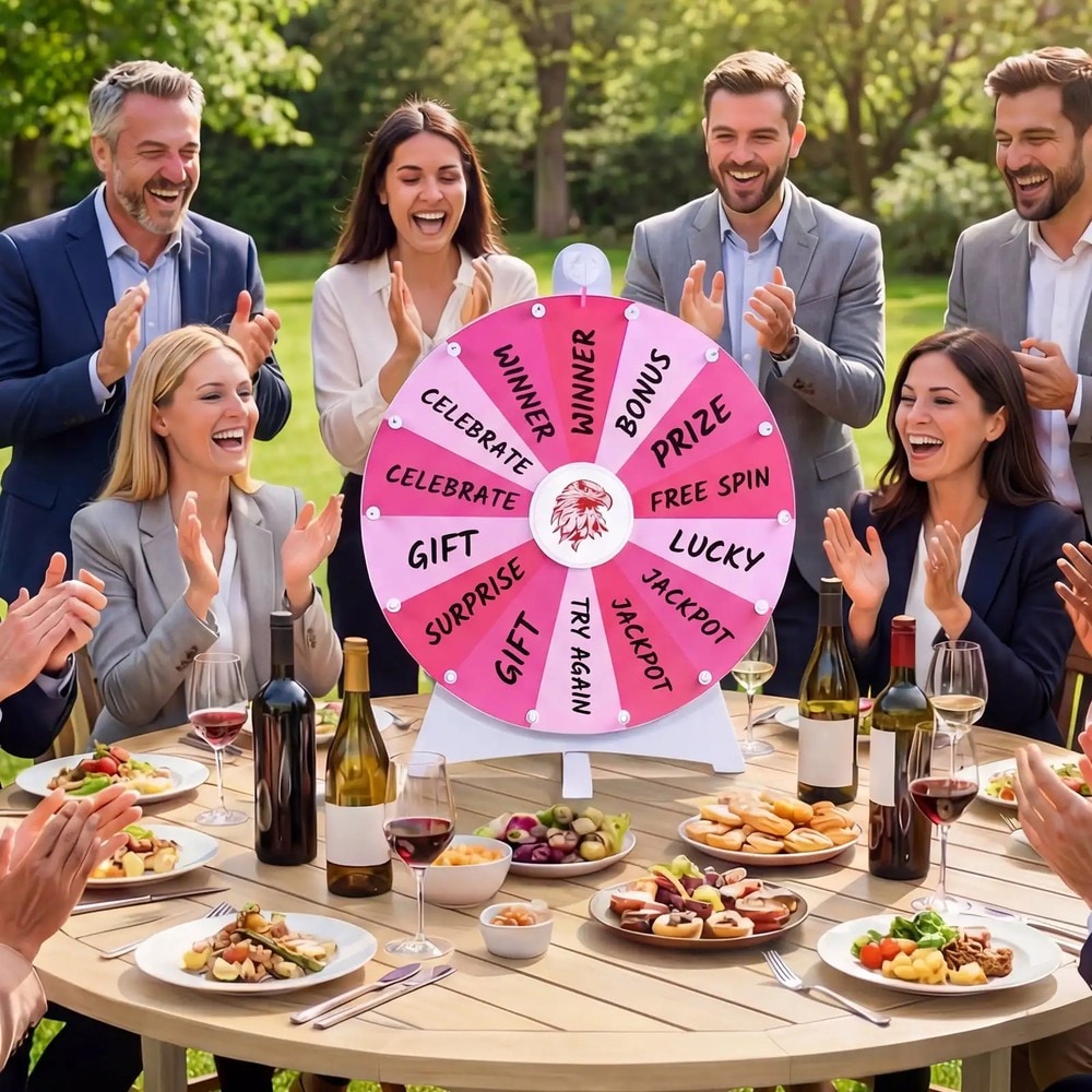 Lykkehjul 50 cm med 14 felt som kan skrives på – Rosa / Prishjul til fest / Spinnhjul som kan skrives på