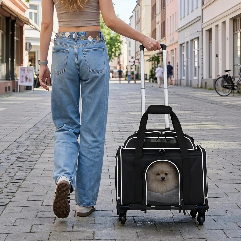 Sammenleggbar transportveske for kjæledyr på hjul – Svart / Kjæledyrstrolley / Bæreveske
