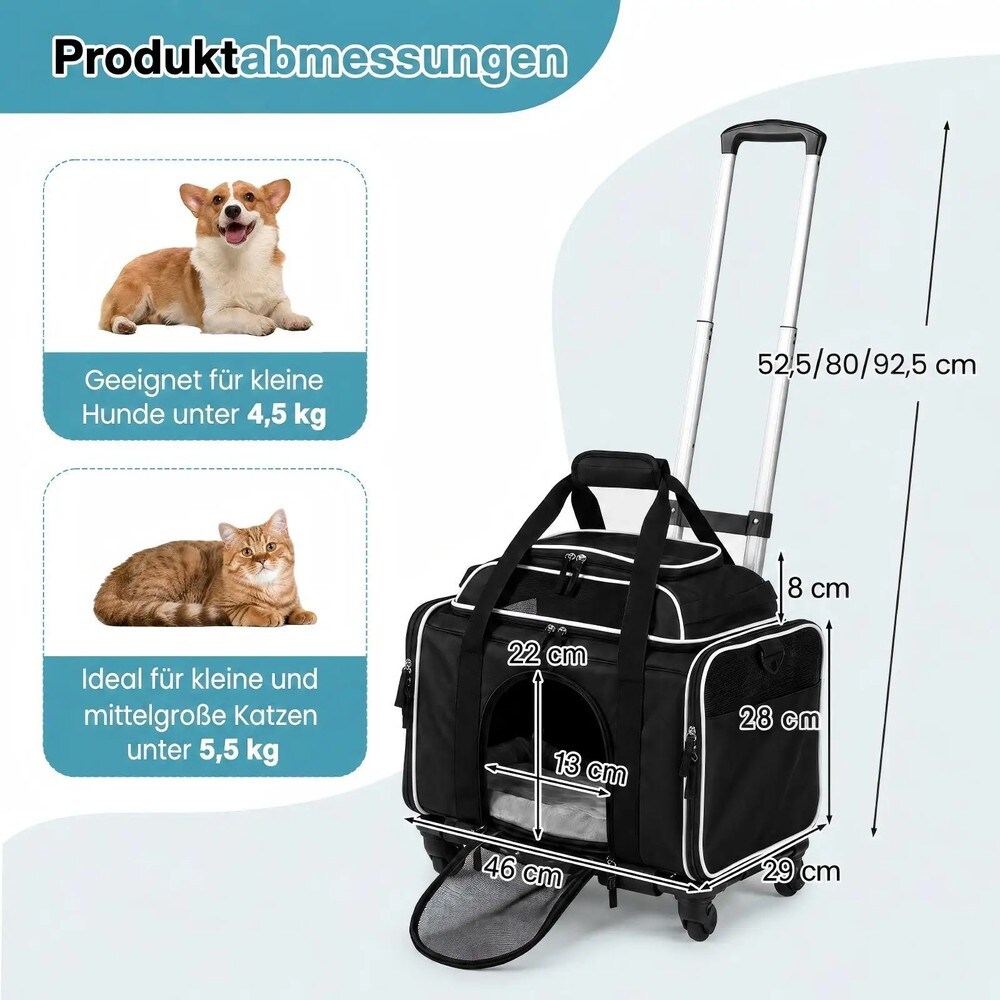 Sammenleggbar transportveske for kjæledyr på hjul – Svart / Kjæledyrstrolley / Bæreveske