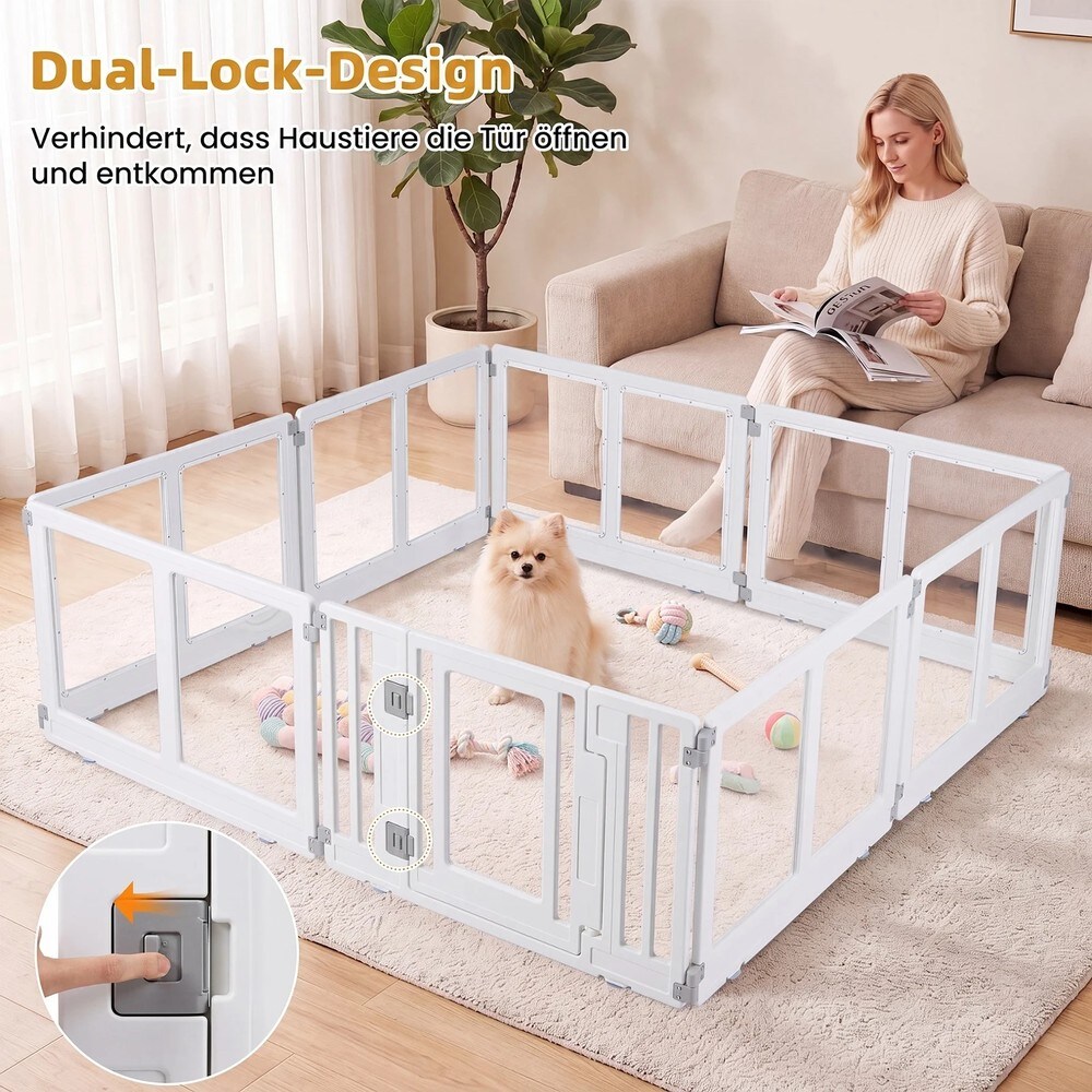 Hundeinnhegning i plast med 8 paneler og låsbar dør – Gjennomsiktig/Hvit / Valphage / Hundeinnhegning