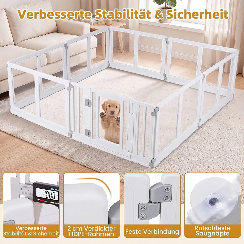 Hundeinnhegning i plast med 8 paneler og låsbar dør – Gjennomsiktig/Hvit / Valphage / Hundeinnhegning