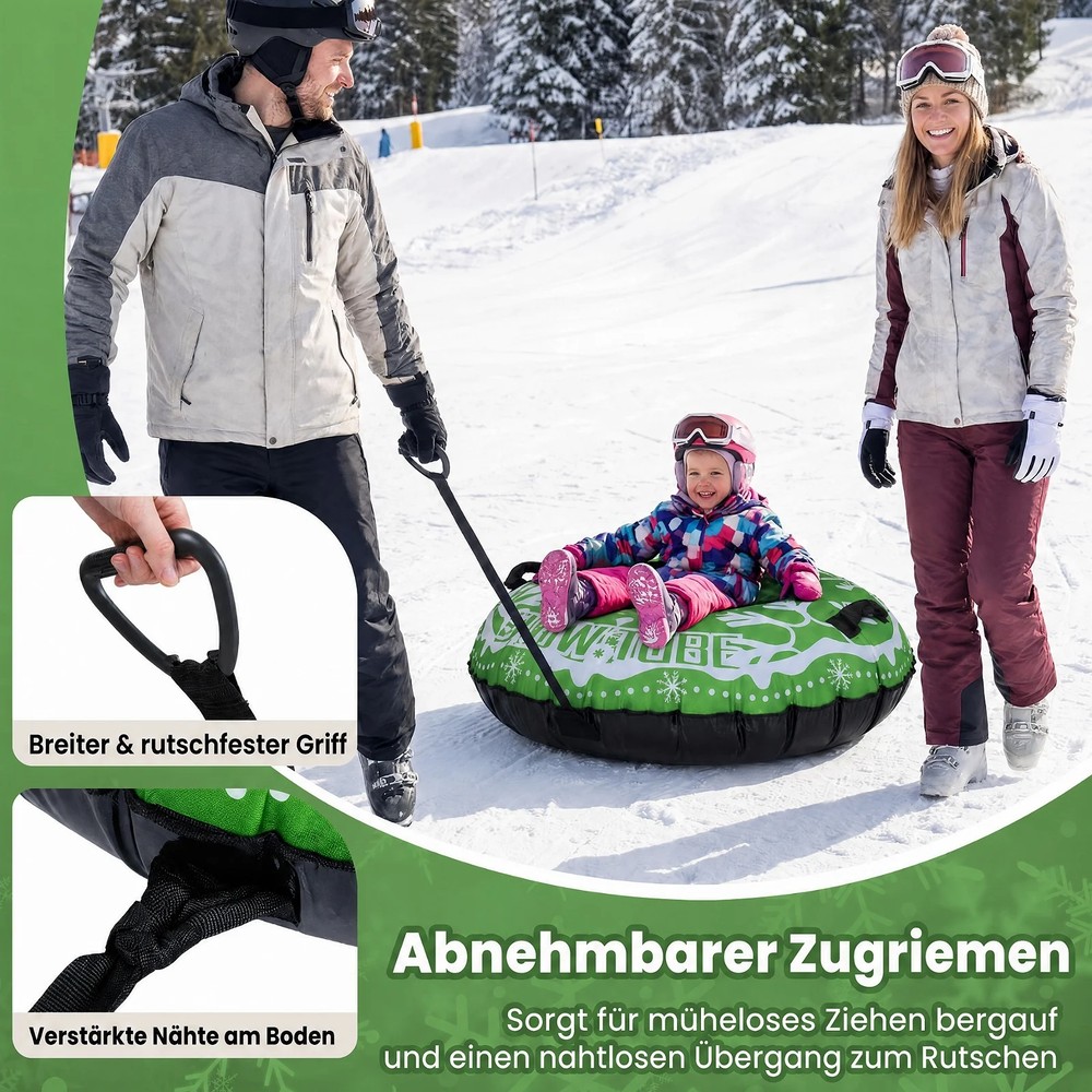 Oppblåsbar snøpulka 107 cm med trekkstropp – Grønn / Snowtube med håndtak / Oppblåsbar snøring