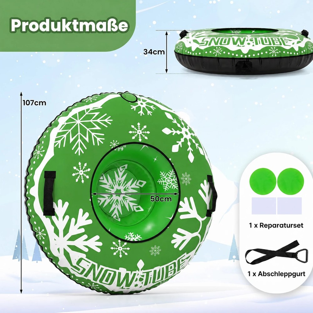 Oppblåsbar snøpulka 107 cm med trekkstropp – Grønn / Snowtube med håndtak / Oppblåsbar snøring