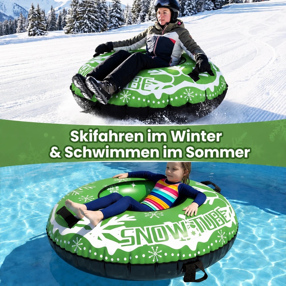 Oppblåsbar snøpulka 107 cm med trekkstropp – Grønn / Snowtube med håndtak / Oppblåsbar snøring