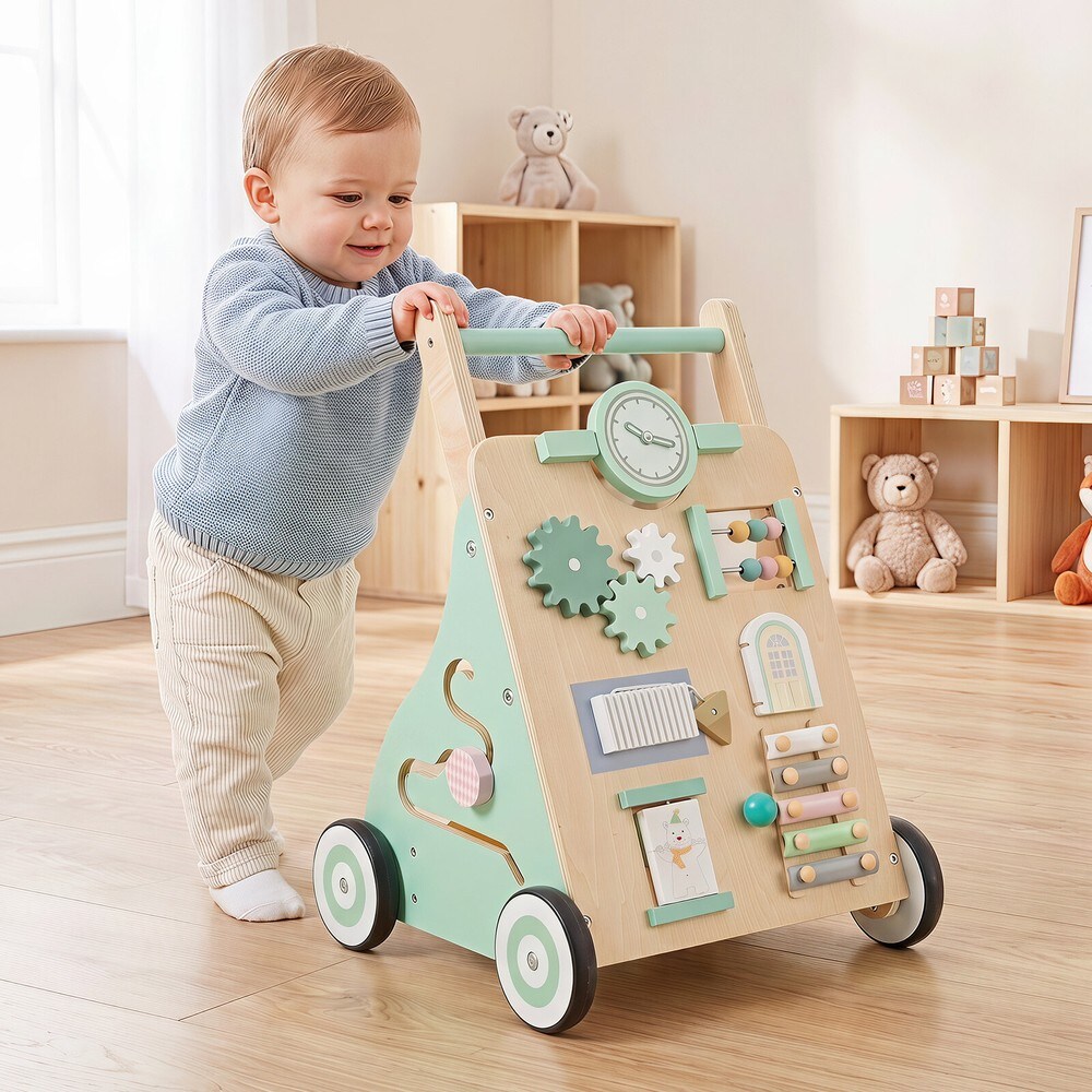 Løpevogn for baby med aktivitetssenter – Grønn / Aktivitetsvogn i tre / Leke som hjelper barnet å lære å gå