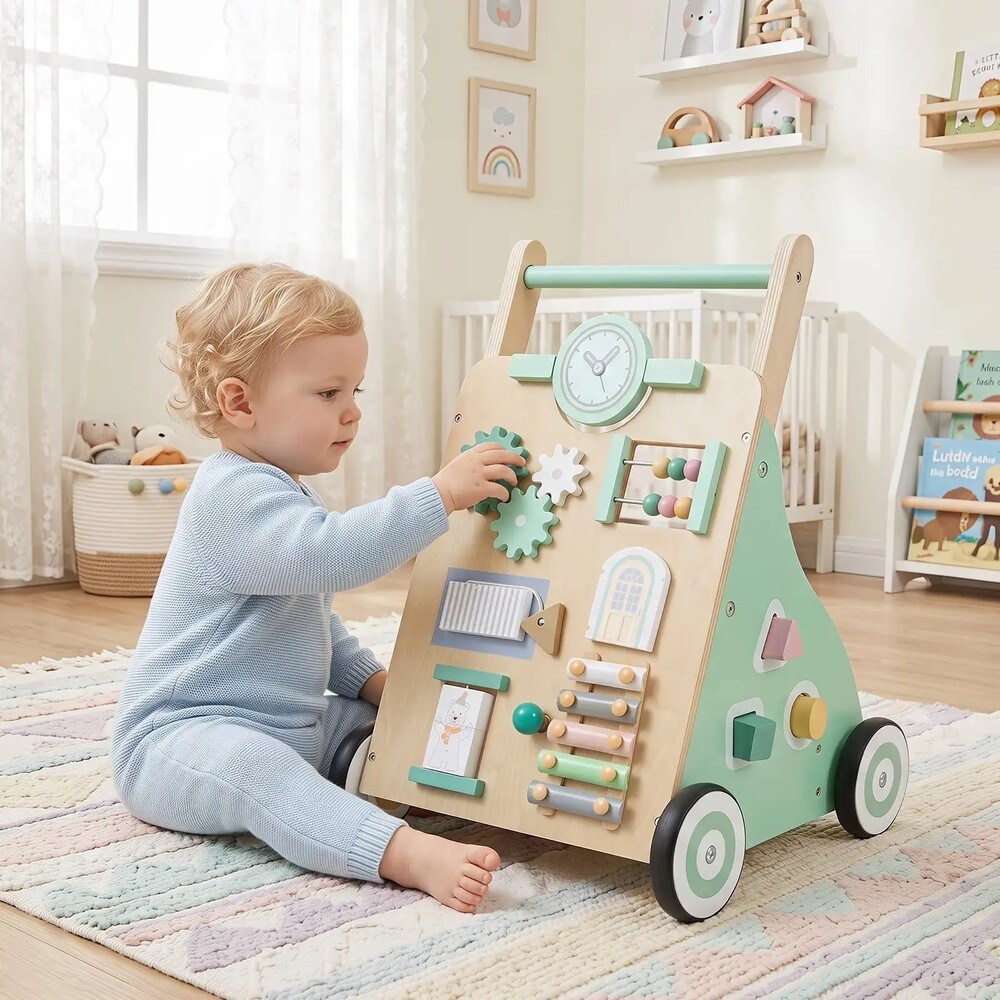 Løpevogn for baby med aktivitetssenter – Grønn / Aktivitetsvogn i tre / Leke som hjelper barnet å lære å gå