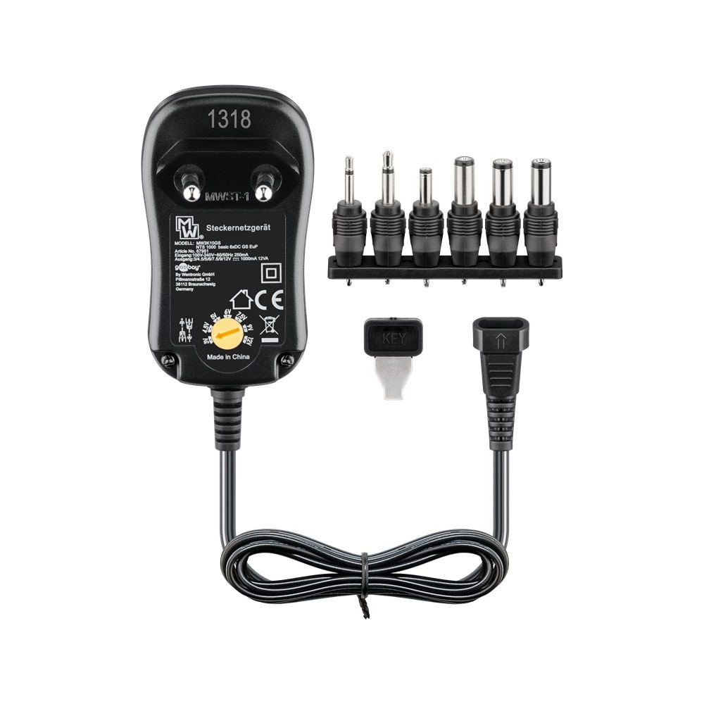 Strømadapter Universal 3-12V 12W med 6 Adaptere