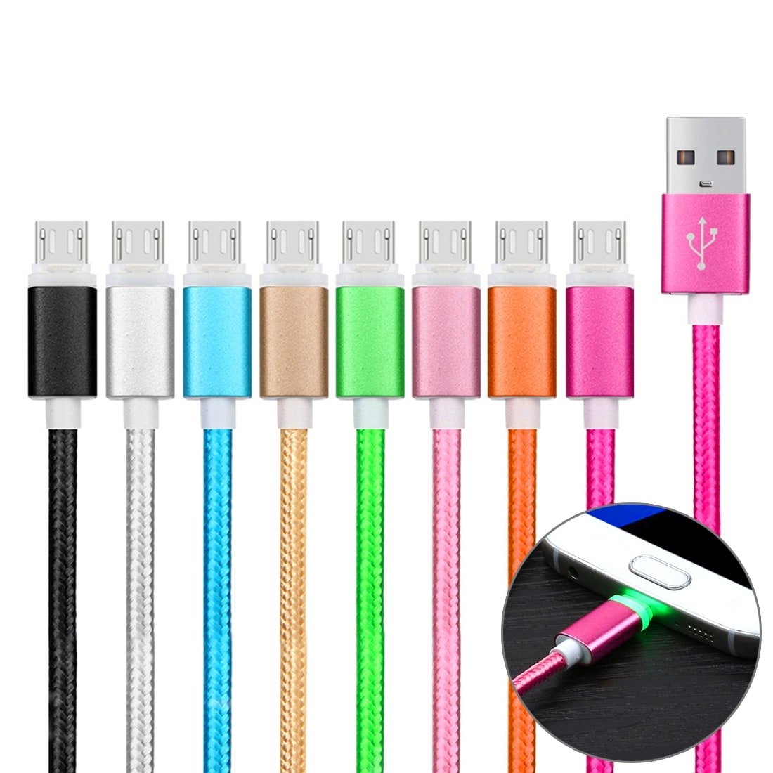Robust stoffkledd Usbkabel Micro USB med metallhode - Storpakk 8stk i ulike farger