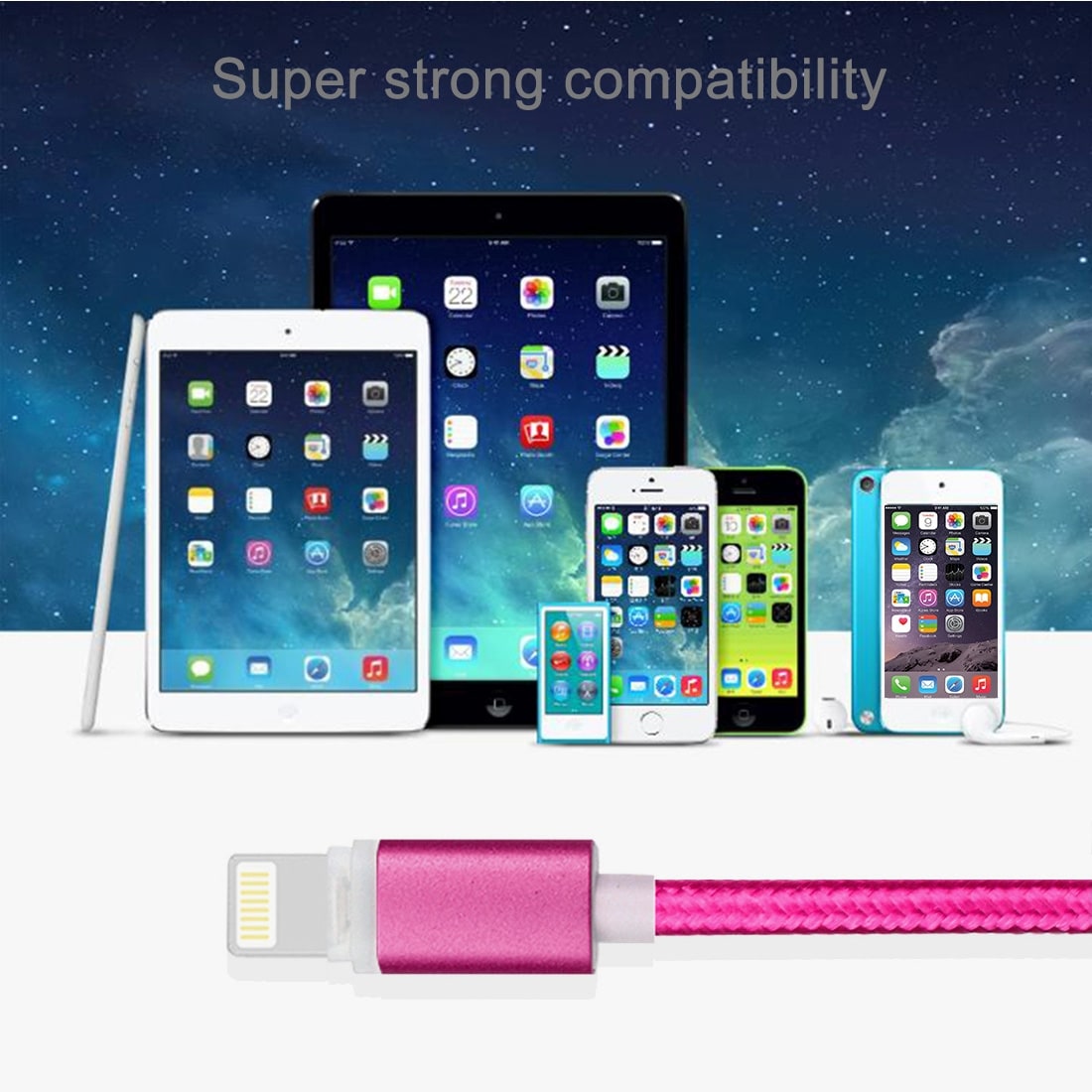 Robust stoffkledd Usbkabel iPhone 5/6/7 med metallhode - Storpakk 8stk i ulike farger