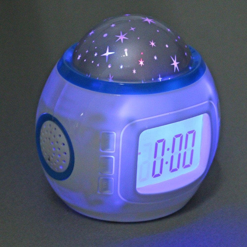 Stjerneprojektor med vekkerklokke og LED-lys