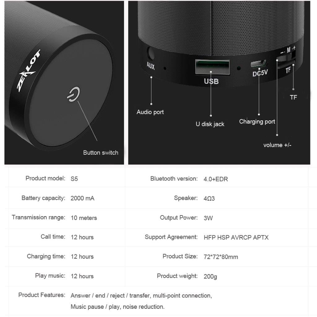 ZEALOT Bluetooth 4.0  Subwoofer høyttaler - Innebygd 2000mAh batteri