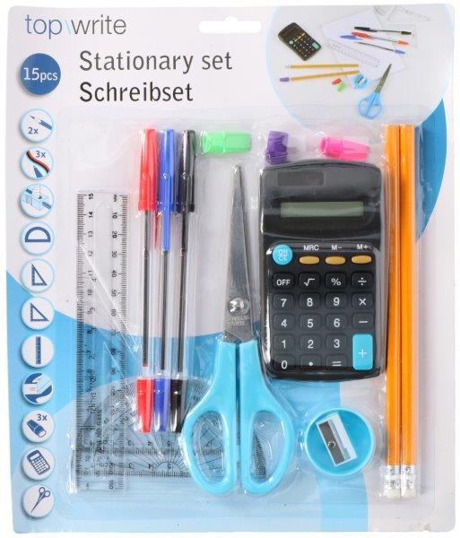 Kontorsett med penner, saks, linjal og kalkulator