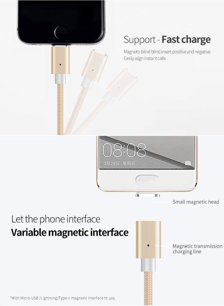 Smart Magnetisk usb-ladekabel med LED - Micro usb / iPhone / Usb Type C, 1m