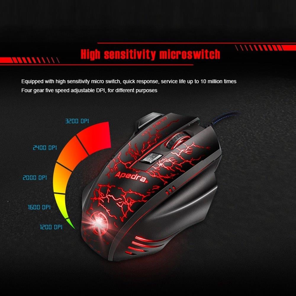 Optisk gaming mus Apedra – 3200 dpi, 4 farger, 7 knapper