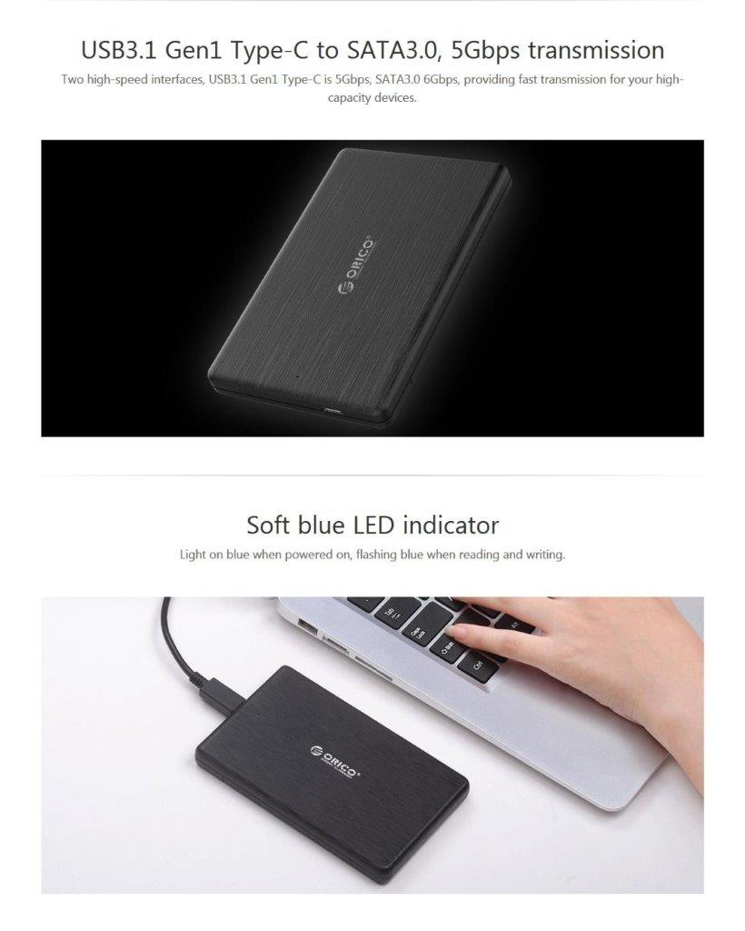 Harddisk kabinett USB 3.1 type-c til SATA 3.0