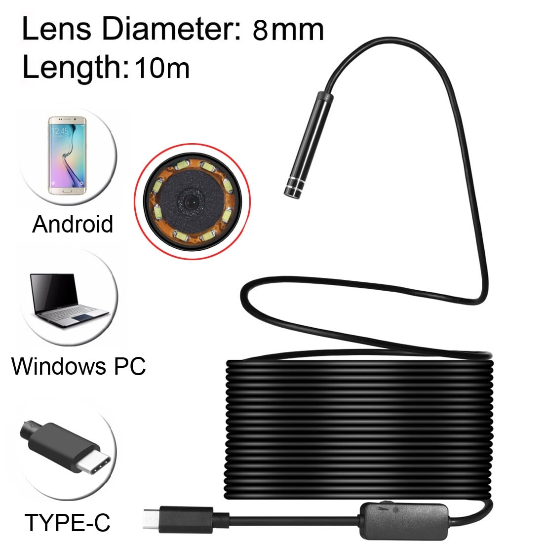 Inspeksjonskamera USB Type-C med 8 LED & USB Adapter - 10 meter / 8mm
