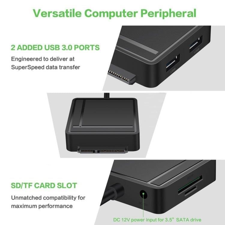 Harddisk adapter USB 3.0 til SATA 3.0 + 2 USB 3.0 + Kortleser