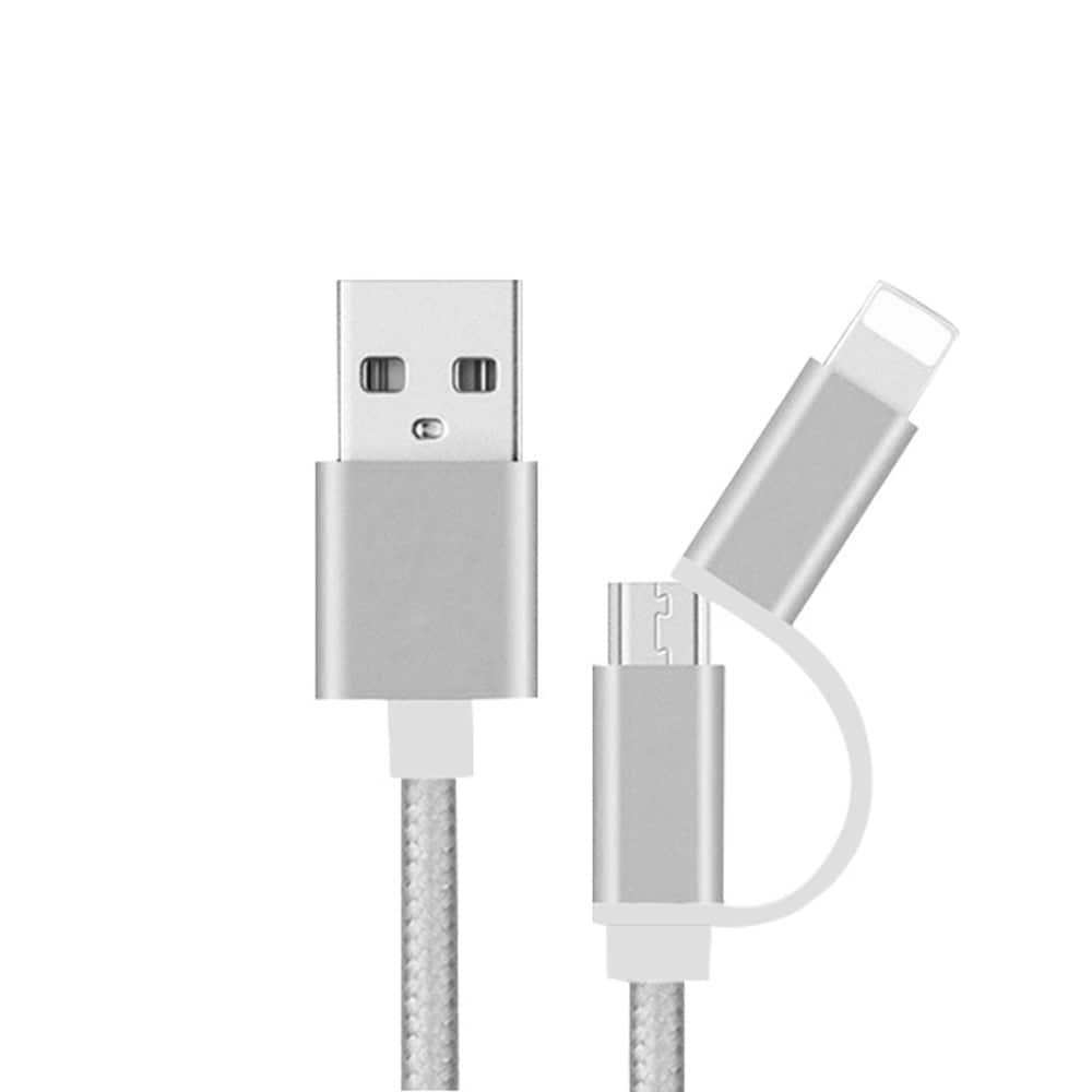 Flettet datakabel Micro USB og Lightning 2 m- Sølv