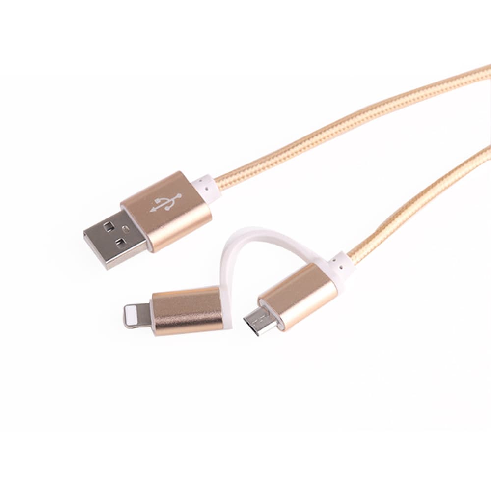 Flettet datakabel Micro USB og Lightning kontakt 2 m- Gull
