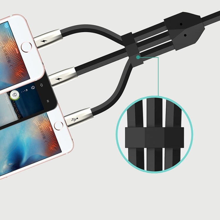 Ladekabel / grenkabel med doble iPhone-kontakter og en Micro-USB – Svart