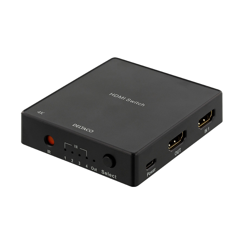 DELTACO HDMI Switch med fjernkontroll, 4 kilder, 4K-støtte