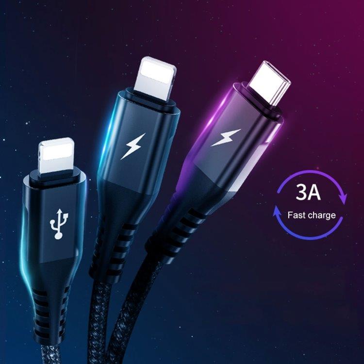 Benks 3i1 Ladekabel USB C & Lightning 1.5m Svart