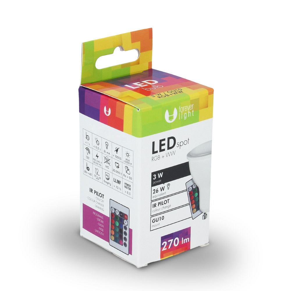 LED-Pære GU10  RGB+W med Fjernkontroll