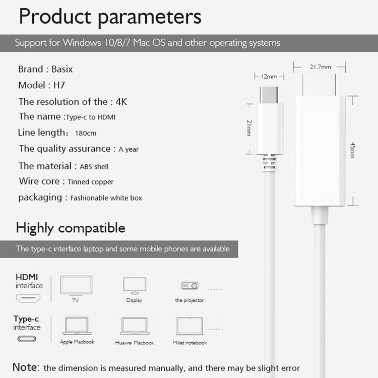 H7 USB Type-C til  HDMI Adapter 1,8 meter