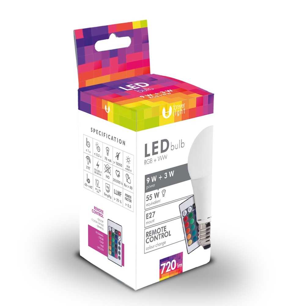 LED-Lyspære E27 A60 RGB (3W) + (9W) med fjernkontroll