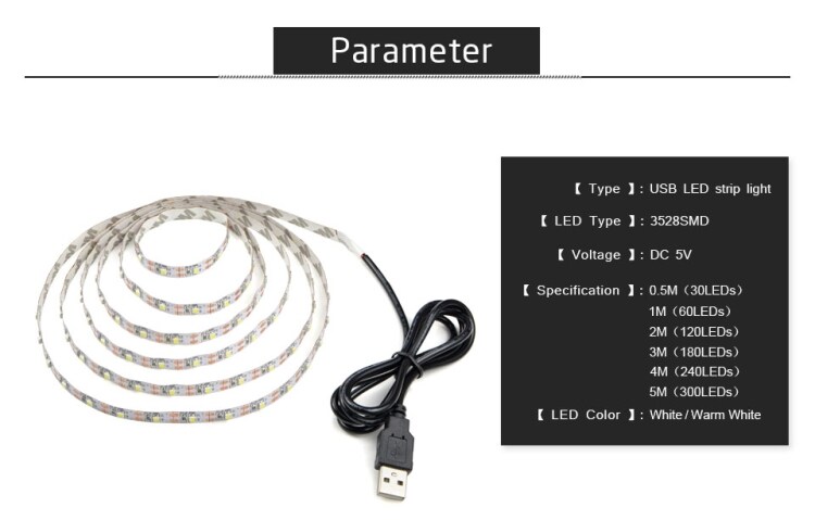 Usb-drevet TV-belysning 5 meter - Varm hvit