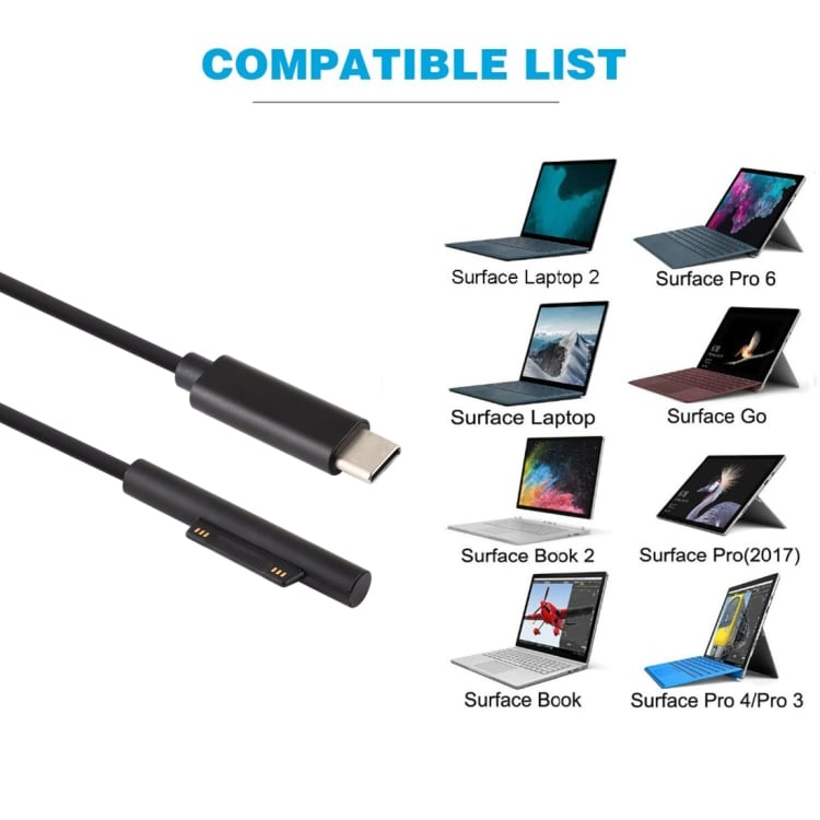 USB Type-C til 6 Pin Magnetisk ladekabel til Microsoft Surface Pro 6