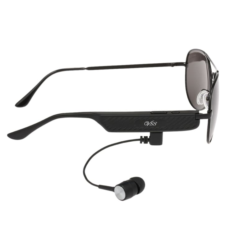 Solbriller med hodetelefoner og mikrofon