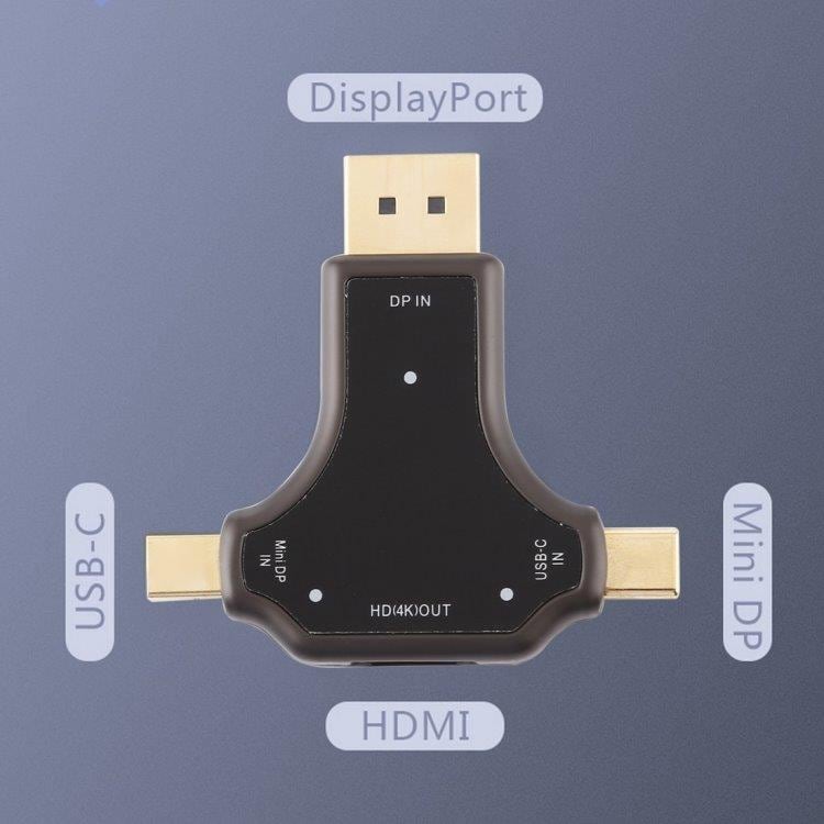 DisplayPort + Mini DisplayPort + USB Type-C til HDMI hunn