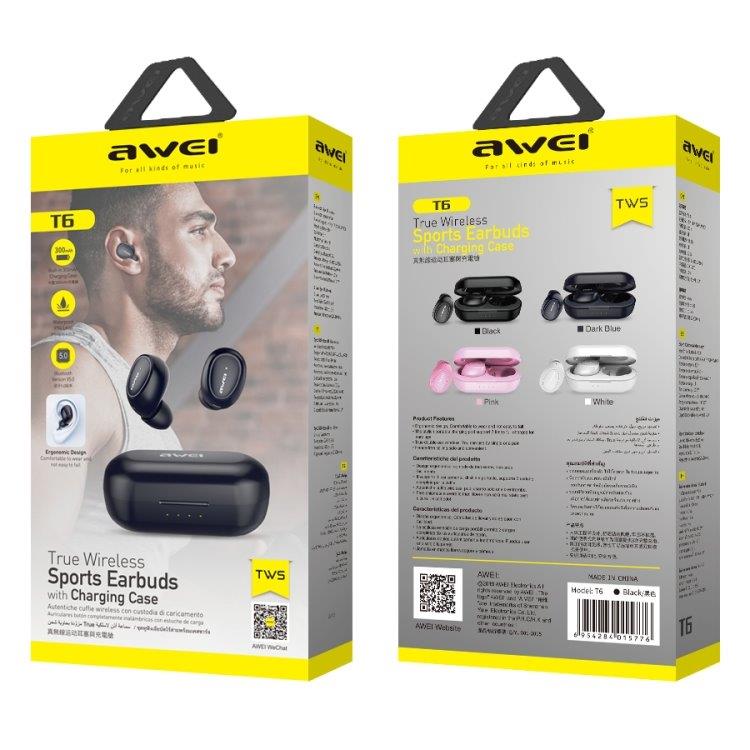Trådløst sport headset awei T6 Bluetooth V5.0 - Svart