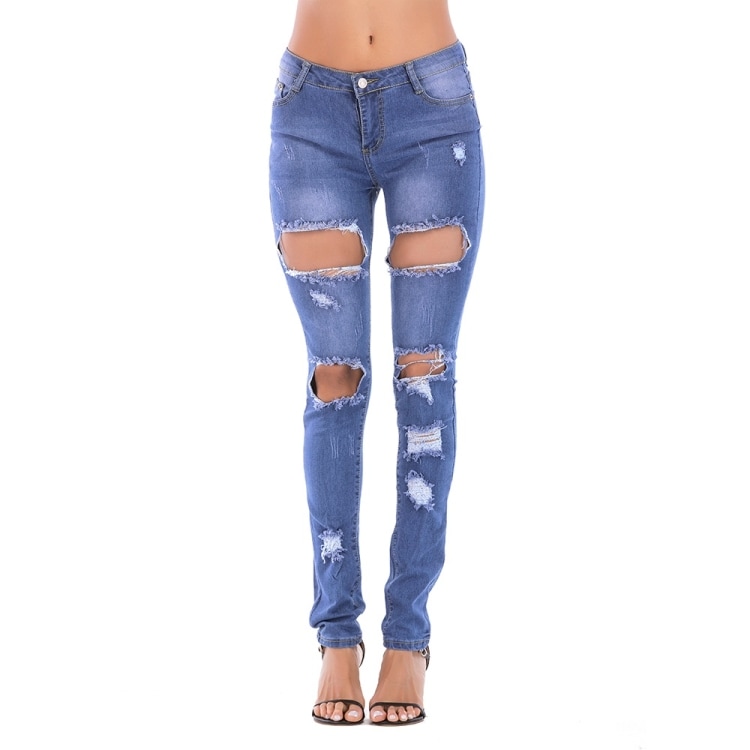 Strech Jeans med hull Blå - M