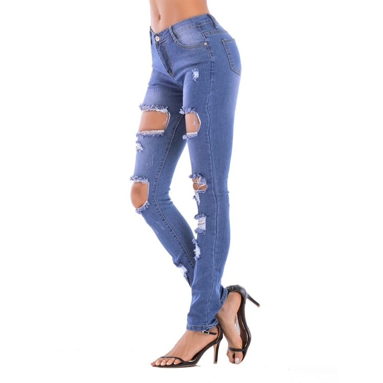Strech Jeans med hull Blå - L