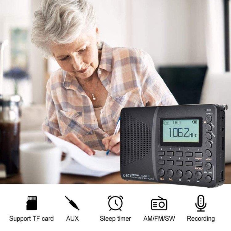 K-603 Portabel FM / AM / SW Stereo Radio med Bluetooth og TF kort, svart